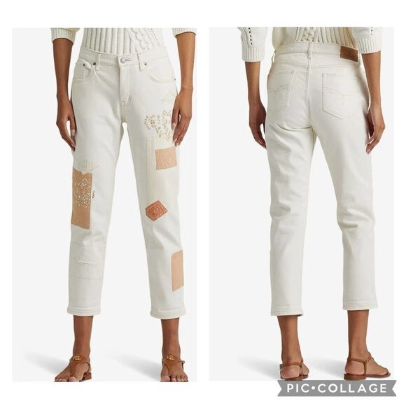 LAUREN RALPH LAUREN Cream Relaxed Taper Patchwork Jeans Size 4/27
